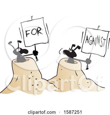 Clipart of Black Ants Holding for and Against Signs from Their Hills - Royalty Free Vector Illustration by Johnny Sajem