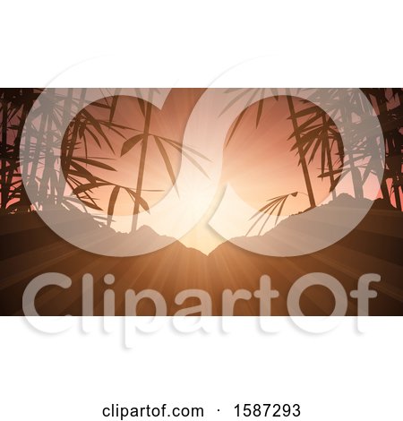 Clipart of a Background of Silhouetted Bamboo and Hills at Sunset - Royalty Free Vector Illustration by KJ Pargeter