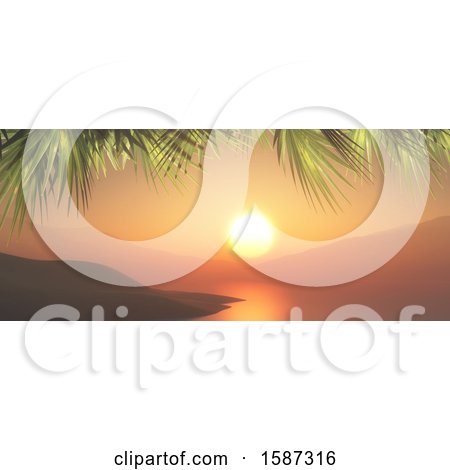 Clipart of a 3d Ocean Sunset with Palm Trees - Royalty Free Illustration by KJ Pargeter