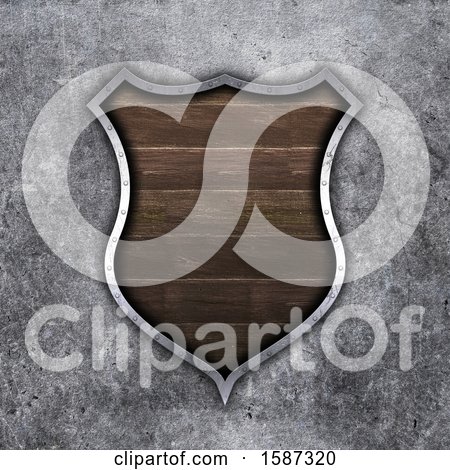 Clipart of a 3d Wood and Metal Shield on Concrete - Royalty Free Illustration by KJ Pargeter