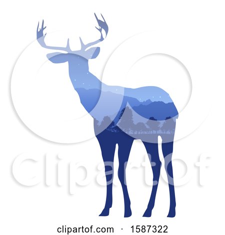 Clipart of a Blue Deer Silhouette with a Mountain Landscape, on a White Background - Royalty Free Vector Illustration by KJ Pargeter