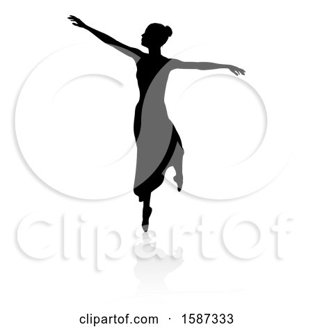 Clipart of a Silhouetted Ballerina, with a Reflection or Shadow, on a White Background - Royalty Free Vector Illustration by AtStockIllustration