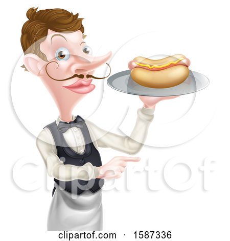 Clipart of a White Male Waiter Holding a Hot Dog on a Platter and Pointing - Royalty Free Vector Illustration by AtStockIllustration