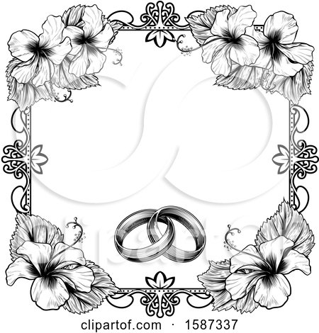 Clipart of a Black and White Border or Wedding Invitation with Rings and Hibiscus Flowers - Royalty Free Vector Illustration by AtStockIllustration