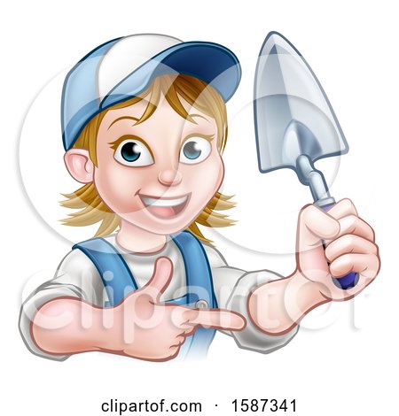 Clipart of a Female Mason Holding a Trowel and Pointing - Royalty Free Vector Illustration by AtStockIllustration