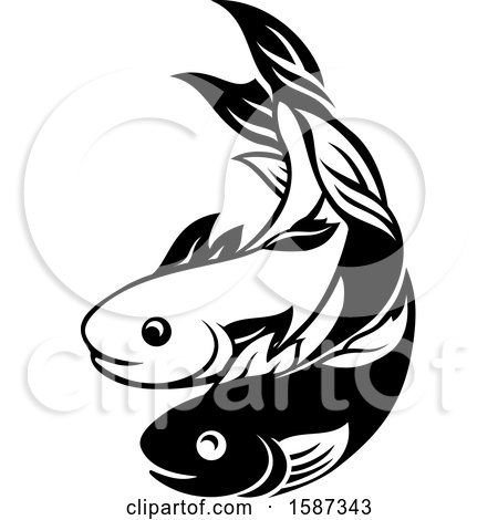 Clipart of a Black and White Pair of Fish - Royalty Free Vector Illustration by AtStockIllustration