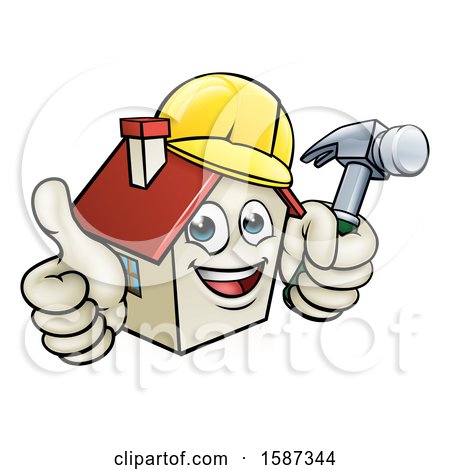 Clipart of a Cartoon Happy White Home Mascot Character Wearing a Hardhat, Holding a Hammer and Giving a Thumb up - Royalty Free Vector Illustration by AtStockIllustration