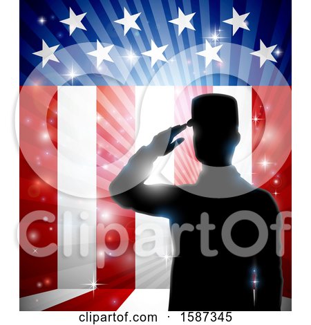 Clipart of a Silhouetted Full Length Male Military Veteran Saluting over an American Themed Flag and Bursts - Royalty Free Vector Illustration by AtStockIllustration