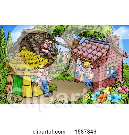 Clipart of a Wolf Watching Piggies at Their Brick, Wood and Straw Houses - Royalty Free Vector Illustration by AtStockIllustration