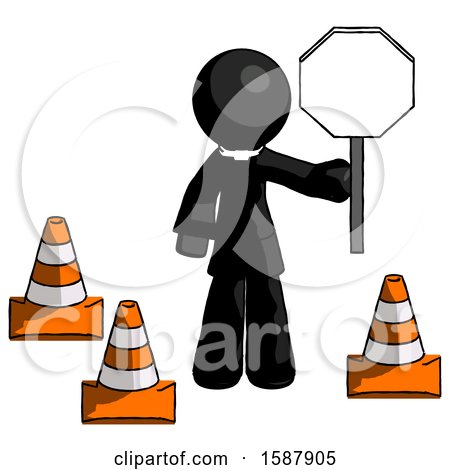 Black Clergy Man Holding Stop Sign by Traffic Cones Under Construction Concept by Leo Blanchette