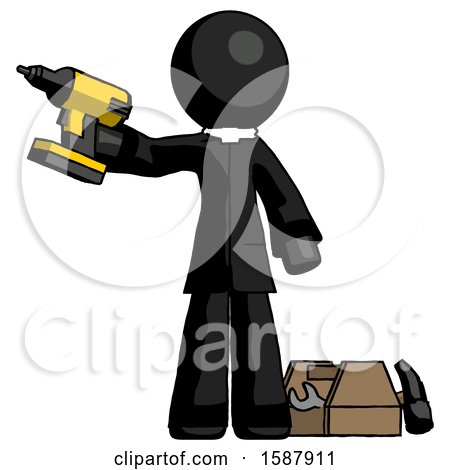 Black Clergy Man Holding Drill Ready to Work, Toolchest and Tools to Right by Leo Blanchette