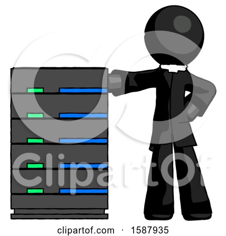 Black Clergy Man with Server Rack Leaning Confidently Against It by Leo Blanchette