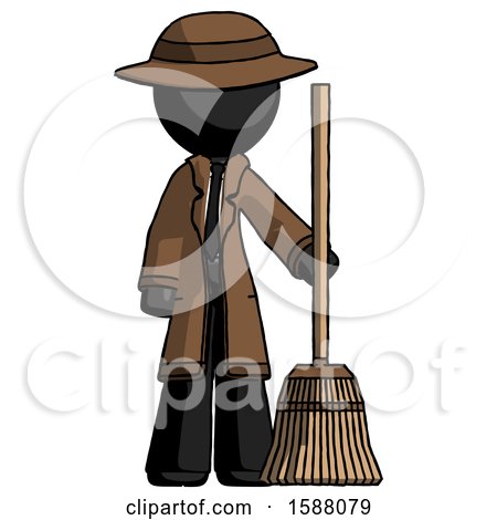 Black Detective Man Standing with Broom Cleaning Services by Leo Blanchette