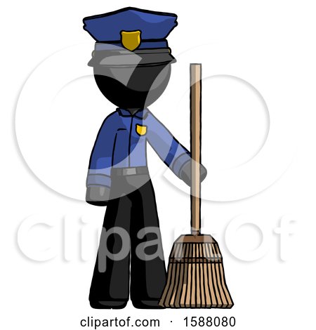 Black Police Man Standing with Broom Cleaning Services by Leo Blanchette