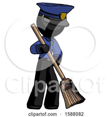 Black Police Man Sweeping Area with Broom by Leo Blanchette
