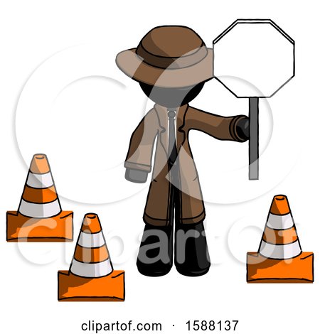 Black Detective Man Holding Stop Sign by Traffic Cones Under Construction Concept by Leo Blanchette