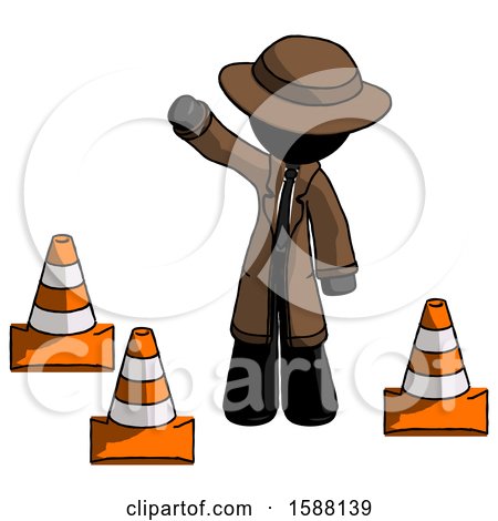 Black Detective Man Standing by Traffic Cones Waving by Leo Blanchette