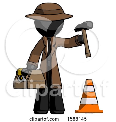 Black Detective Man Under Construction Concept, Traffic Cone and Tools by Leo Blanchette
