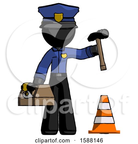 Black Police Man Under Construction Concept, Traffic Cone and Tools by Leo Blanchette