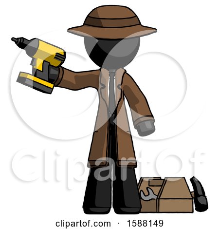 Black Detective Man Holding Drill Ready to Work, Toolchest and Tools to Right by Leo Blanchette