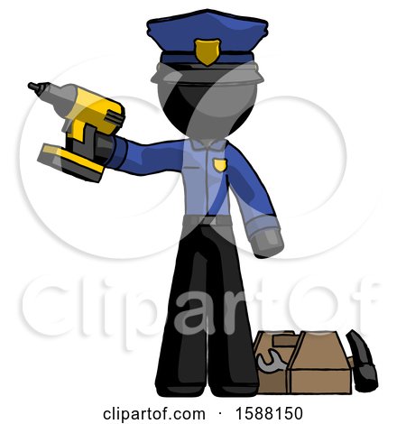 Black Police Man Holding Drill Ready to Work, Toolchest and Tools to Right by Leo Blanchette