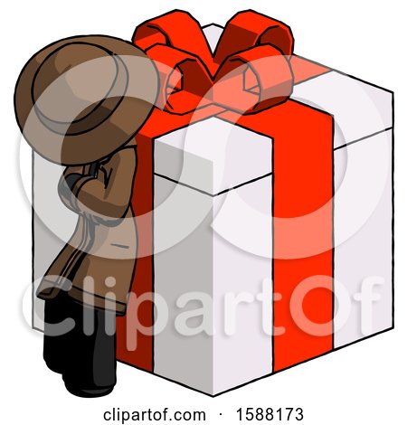 Black Detective Man Leaning on Gift with Red Bow Angle View by Leo Blanchette