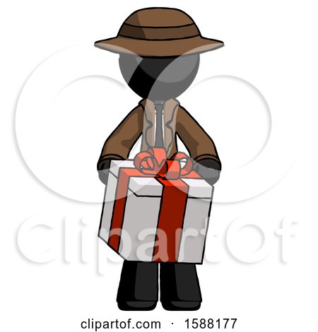 Black Detective Man Gifting Present with Large Bow Front View by Leo Blanchette