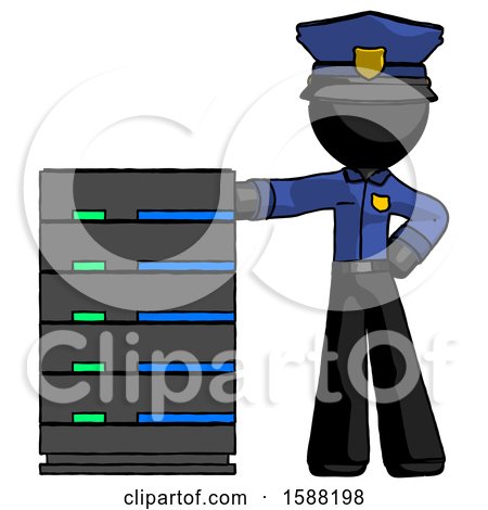 Black Police Man with Server Rack Leaning Confidently Against It by Leo Blanchette