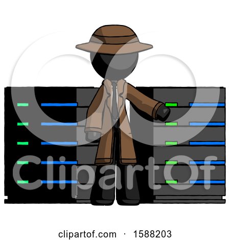 Black Detective Man with Server Racks, in Front of Two Networked Systems by Leo Blanchette