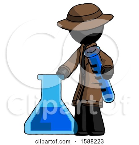 Black Detective Man Holding Test Tube Beside Beaker or Flask by Leo Blanchette