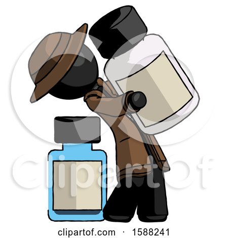 Black Detective Man Holding Large White Medicine Bottle with Bottle in Background by Leo Blanchette