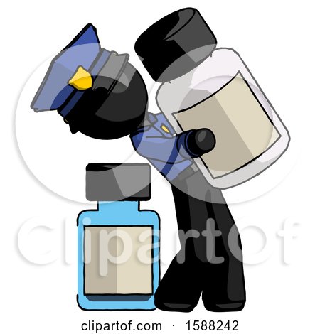 Black Police Man Holding Large White Medicine Bottle with Bottle in Background by Leo Blanchette