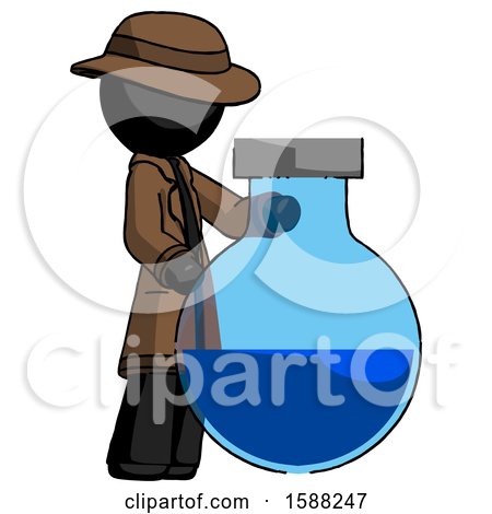 Black Detective Man Standing Beside Large Round Flask or Beaker by Leo Blanchette
