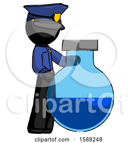 Black Police Man Standing Beside Large Round Flask or Beaker by Leo Blanchette