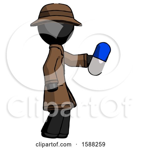 Black Detective Man Holding Blue Pill Walking to Right by Leo Blanchette