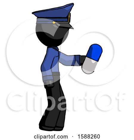Black Police Man Holding Blue Pill Walking to Right by Leo Blanchette