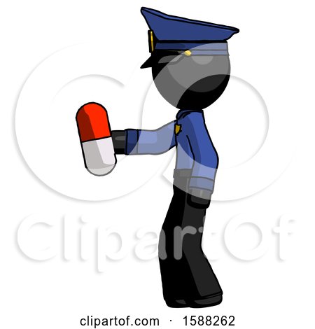Black Police Man Holding Red Pill Walking to Left by Leo Blanchette