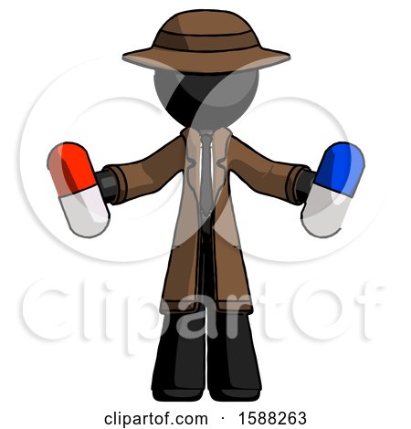 Black Detective Man Holding a Red Pill and Blue Pill by Leo Blanchette