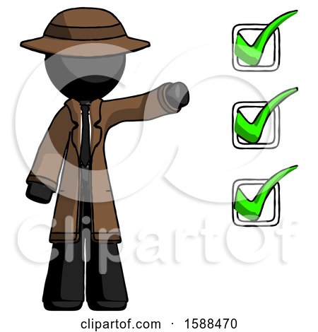 Black Detective Man Standing by List of Checkmarks by Leo Blanchette