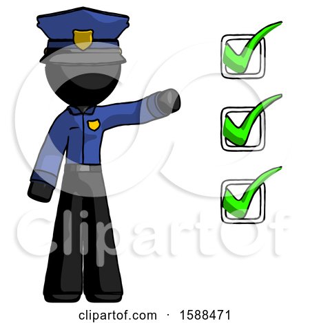 Black Police Man Standing by List of Checkmarks by Leo Blanchette