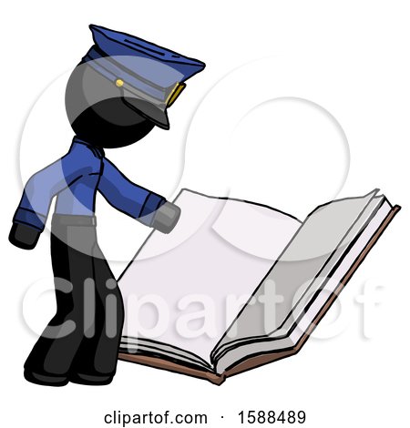 Black Police Man Reading Big Book While Standing Beside It by Leo Blanchette