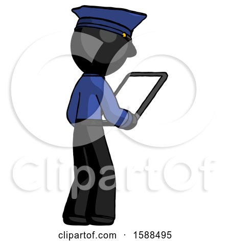Black Police Man Looking at Tablet Device Computer Facing Away by Leo Blanchette