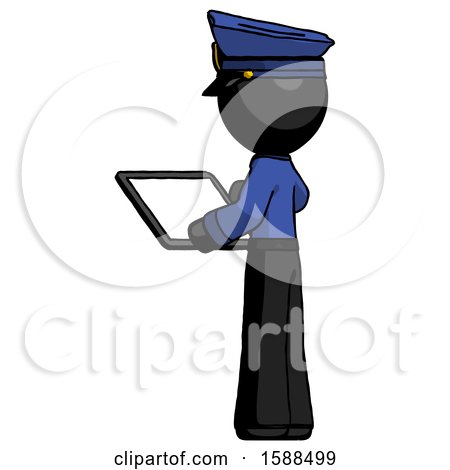 Black Police Man Looking at Tablet Device Computer with Back to Viewer by Leo Blanchette