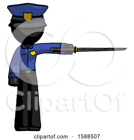 Black Police Man Standing with Ninja Sword Katana Pointing Right by Leo Blanchette