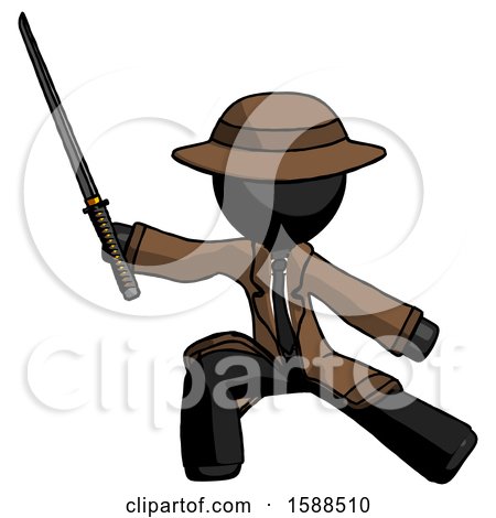 Black Detective Man with Ninja Sword Katana in Defense Pose by Leo Blanchette