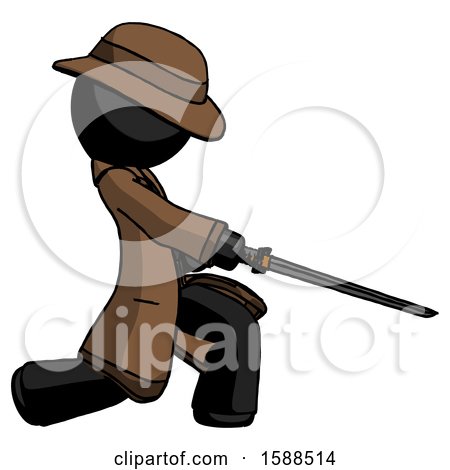Black Detective Man with Ninja Sword Katana Slicing or Striking Something by Leo Blanchette