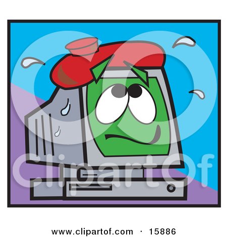 Sick Computer With An Ice Pack On Its Screen, Symbolising A Crashing Computer Clipart Illustration by Andy Nortnik