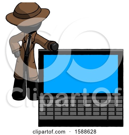 Black Detective Man Beside Large Laptop Computer, Leaning Against It by Leo Blanchette