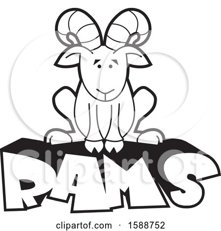 Clipart of a Black and White Sitting Ram Mascot on Text - Royalty Free Vector Illustration by Johnny Sajem