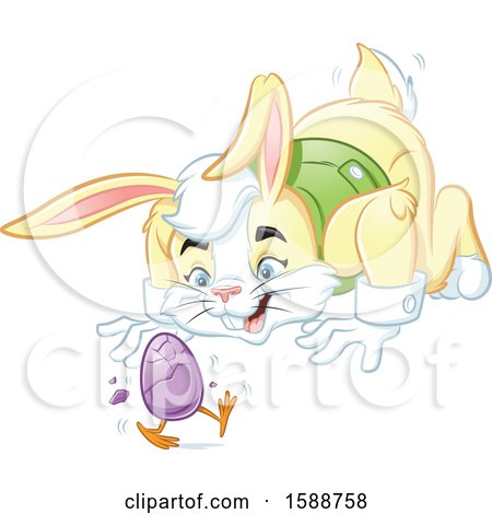 Clipart of a Yellow Easter Bunny Watching a Chick Walking As It Hatches from an Egg - Royalty Free Vector Illustration by Lawrence Christmas Illustration